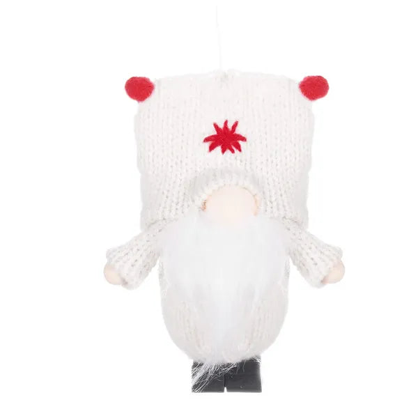 Fehér karácsonyi gnóm dísz akasztóval, poliészter, 8 cm