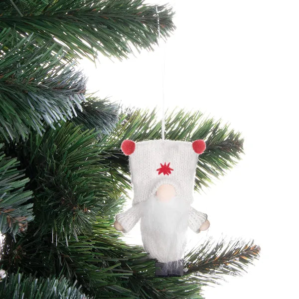 Fehér karácsonyi gnóm dísz akasztóval, poliészter, 8 cm