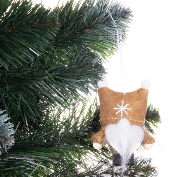 Karácsonyi díszítő manó, barna, 8 cm, akasztható, fa végtagok