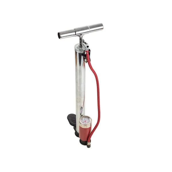 Fémlábpumpa manométerrel, 55 cm tömlő, univerzális szelep – autó/bicikli