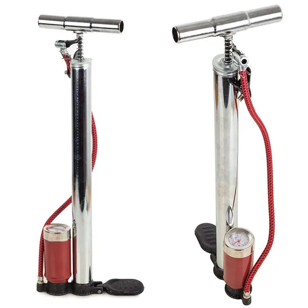 Fémlábpumpa manométerrel, 55 cm tömlő, univerzális szelep – autó/bicikli