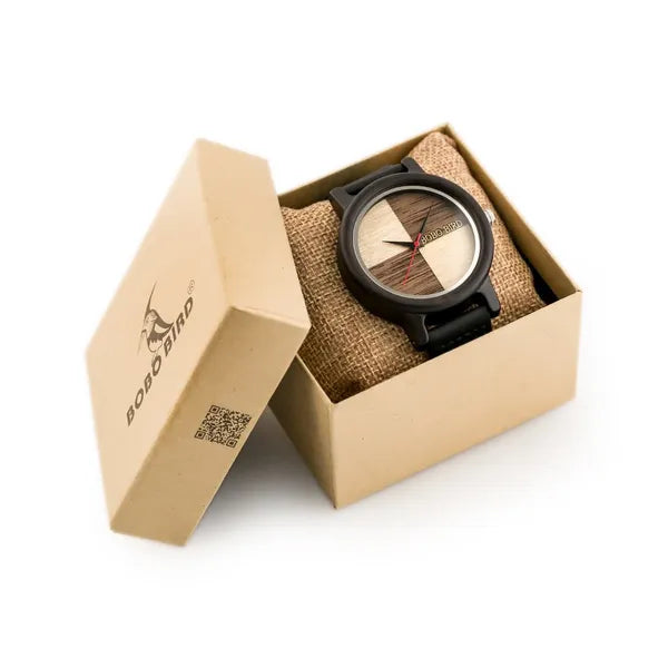 Férfi fa karóra fekete bőrszíjjal, 45 mm tok, quartz