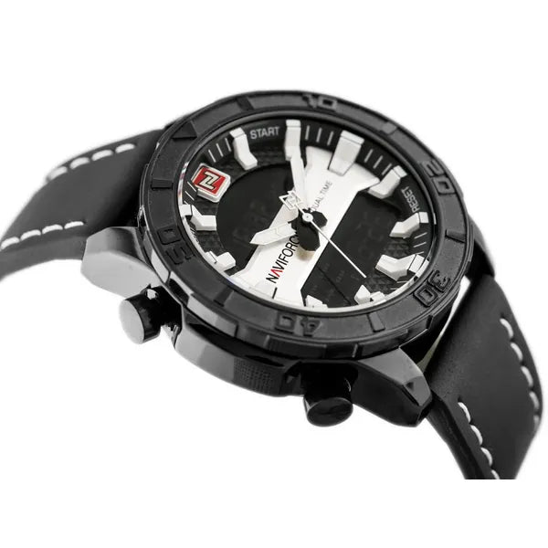 NAVIFORCE NF9114 férfi analóg-digitális karóra, bőr szíj, fekete/ezüst, 50 mm