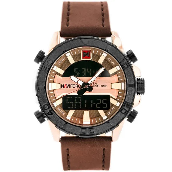 NAVIFORCE NF9114 férfi karóra, barna bőr szíj, rosegold tok, analóg-digitális