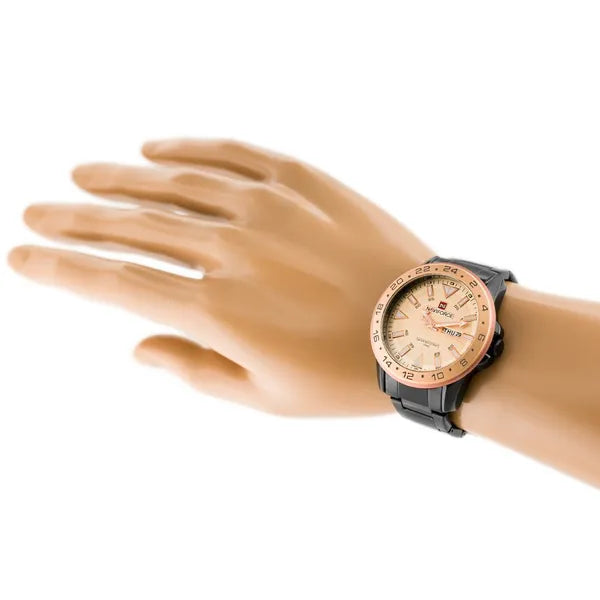 Férfi kvarc karóra rosegold-fekete, acél szíjjal, dátumkijelzővel
