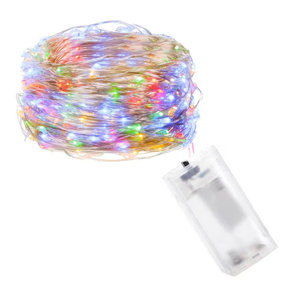Mikro LED fényfüzér, 10 multiszínű dióda, elemes, 0,9 m