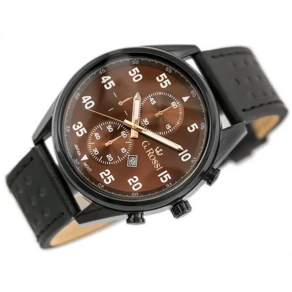 G. Rossi férfi karóra, 49 mm, barna számlap, fekete bőrszíj, dátum, WR30