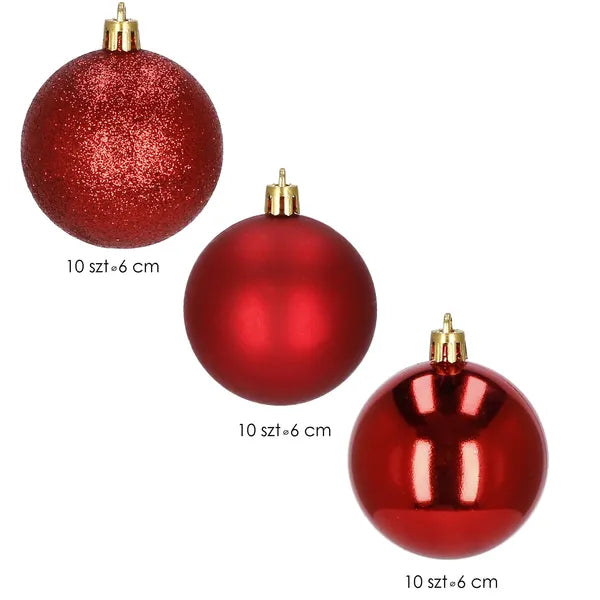 Springos piros karácsonyfadísz gömb szett, 6 cm, 30 db, törhetetlen