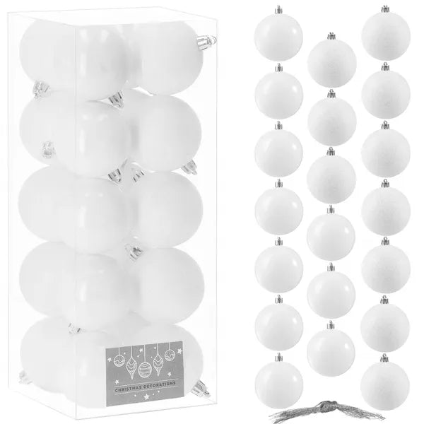 Fehér, csillámos műanyag karácsonyfagömb szett 6 cm – 20 db, törhetetlen