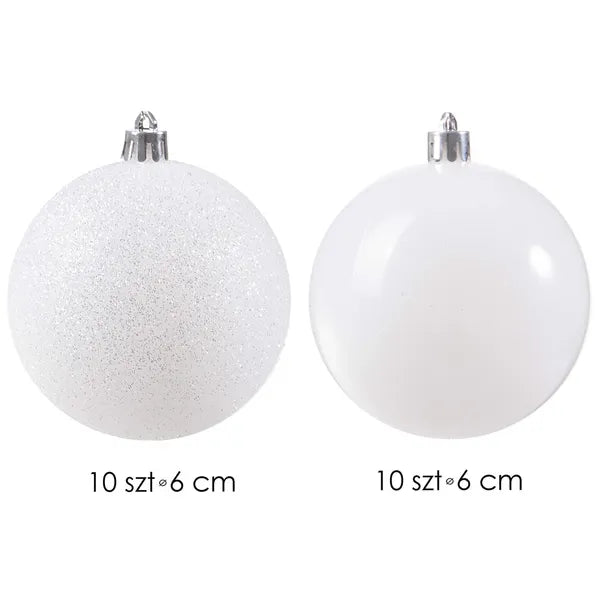 Fehér, csillámos műanyag karácsonyfagömb szett 6 cm – 20 db, törhetetlen