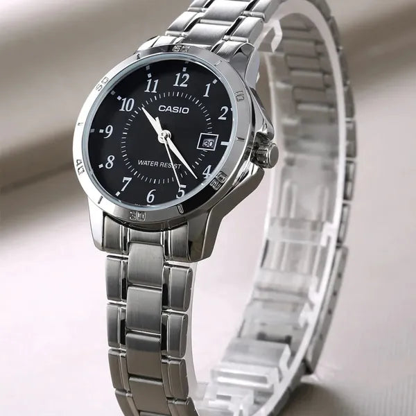 Casio LTP-V004D-1BUDF női karóra, ezüst nemesacél, fekete számlap, 35 mm