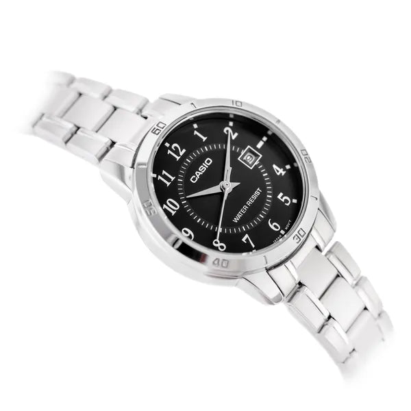 Casio LTP-V004D-1BUDF női karóra, ezüst nemesacél, fekete számlap, 35 mm