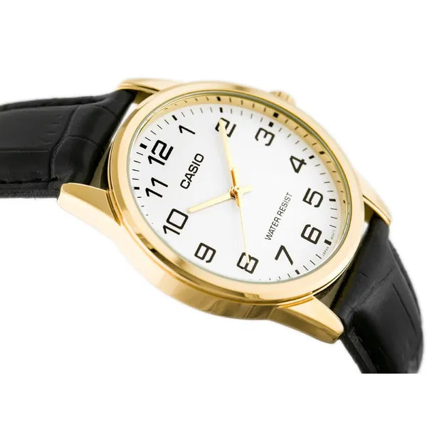 Casio MTP-V001GL-7B férfi karóra – arany tok, fekete bőrszíj, 38 mm