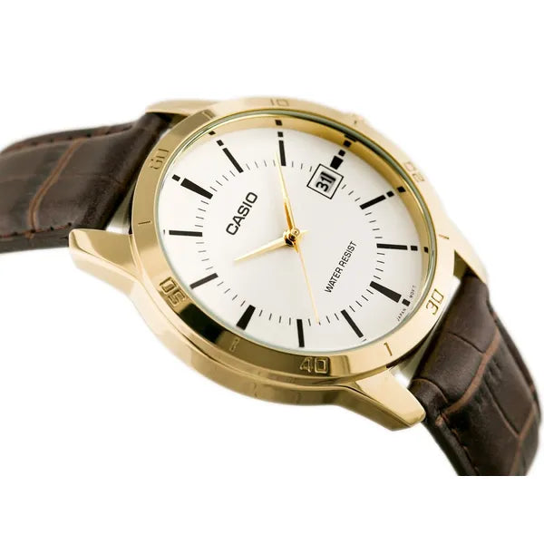 Casio MTP-V004GL-7A férfi karóra, arany tok, barna bőrszíj, WR30