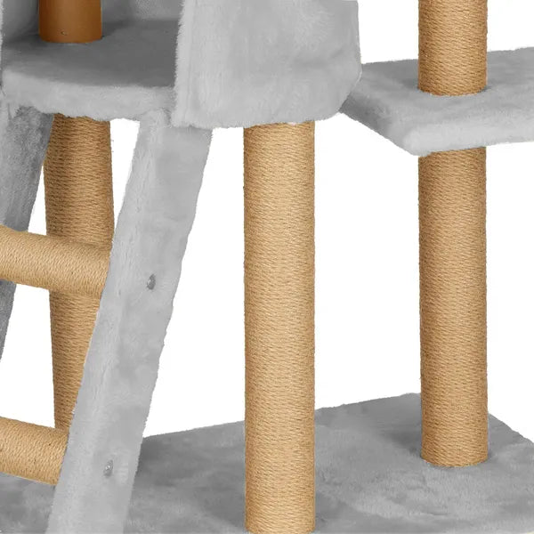 Hétszintes, 136 cm-es szürke macskabútor kaparófával és játékkal
