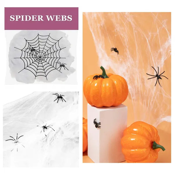 Halloween pókháló dekoráció 60 g, fehér poliészter, 2 pókkal