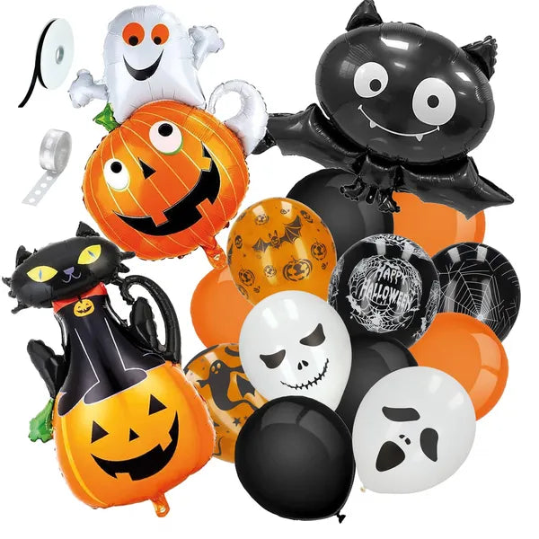 Halloween lufi dekorációs készlet, 14 db, latexből, fekete-fehér-narancs