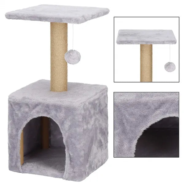 Háromszintes macskabútor kaparófával, házikóval, 62 cm, bézs/szürke