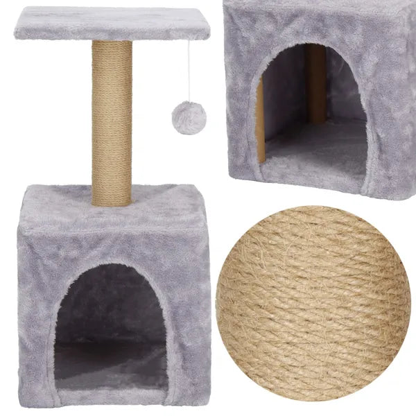 Háromszintes macskabútor kaparófával, házikóval, 62 cm, bézs/szürke
