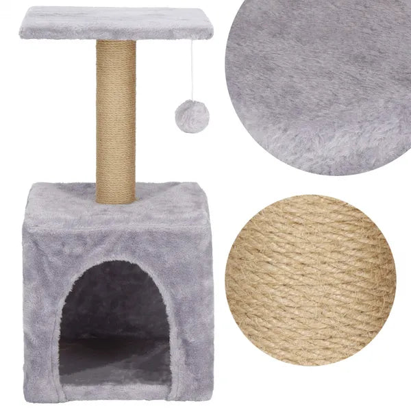 Háromszintes macskabútor kaparófával, házikóval, 62 cm, bézs/szürke
