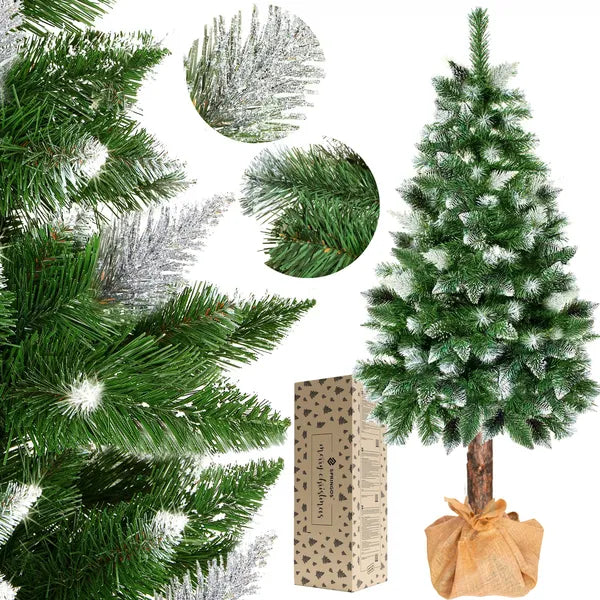 Gyémánt műfenyő farönkön, 160 cm, ezüst-fehér deres ágak