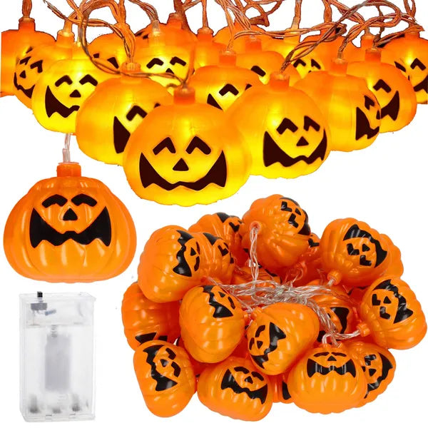 Halloween tökös LED fényfüzér 20 meleg fehér LED, elemes, 3 m