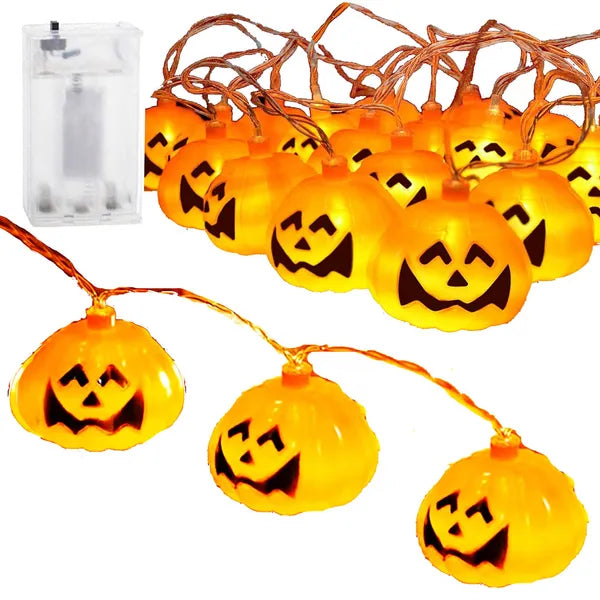 Halloween tökös LED fényfüzér 20 meleg fehér LED, elemes, 3 m
