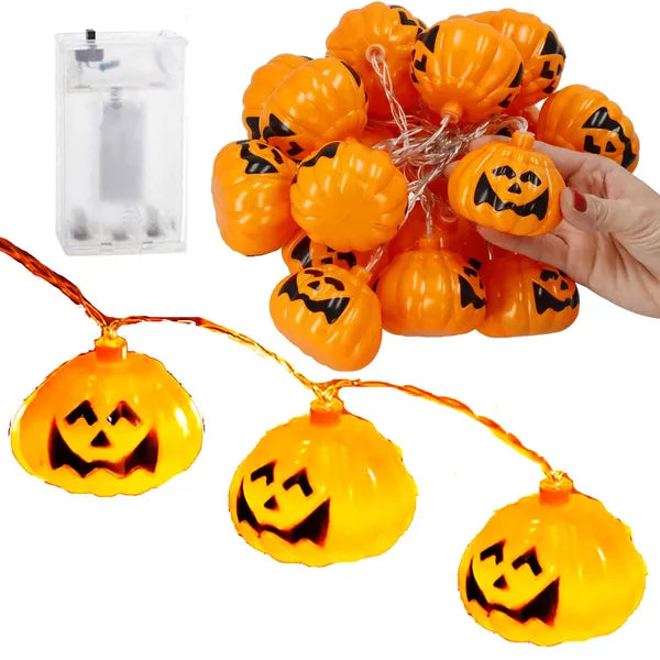 Halloween tökös LED fényfüzér 20 meleg fehér LED, elemes, 3 m