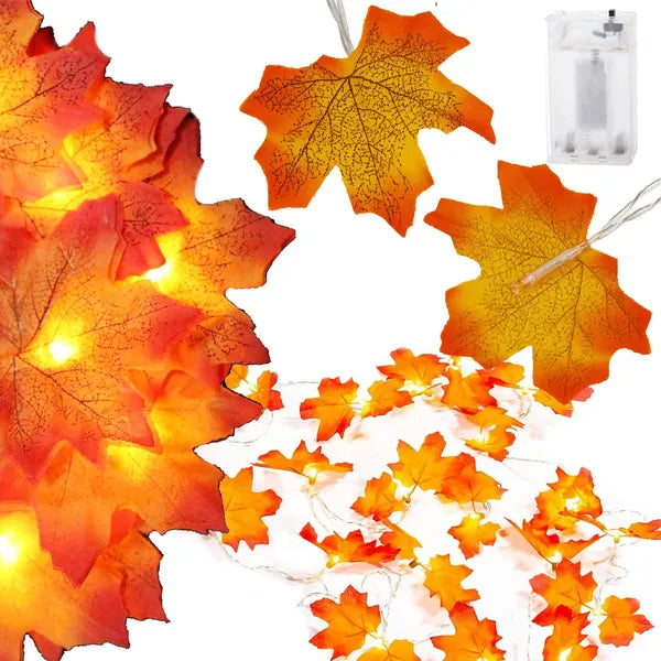 Őszi levelekkel díszített 20 LED-es fényfüzér, 3 m, elemes, meleg fehér