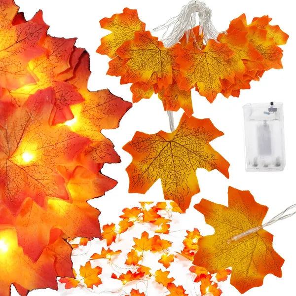 Őszi levelekkel díszített 20 LED-es fényfüzér, 3 m, elemes, meleg fehér