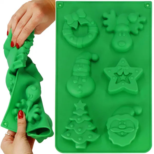 Zöld szilikon karácsonyi süteménykiszúró forma, 6 mintával, 30×17,5 cm