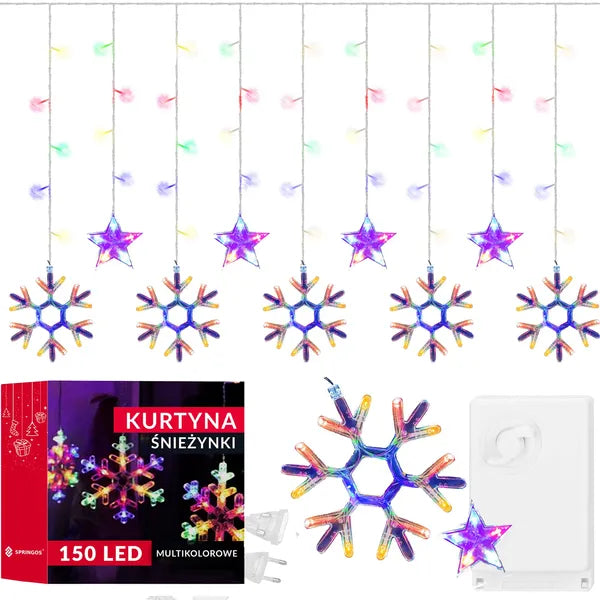 Multicolor hópehely LED fényfüggöny, 150 LED, 2,5 m, beltéri