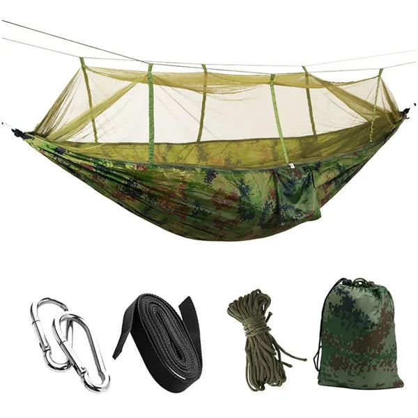 Nylon túrafüggőágy moszkitóhálóval, 260×140 cm, 200 kg teherbírás
