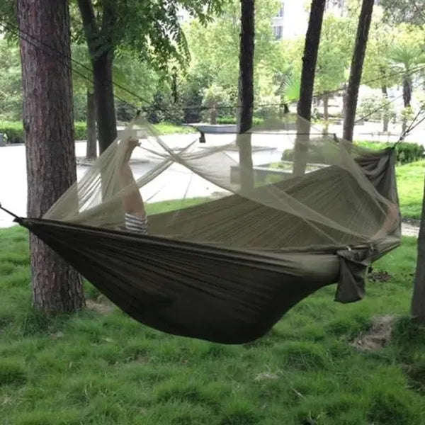Nylon túrafüggőágy moszkitóhálóval, 260×140 cm, 200 kg teherbírás