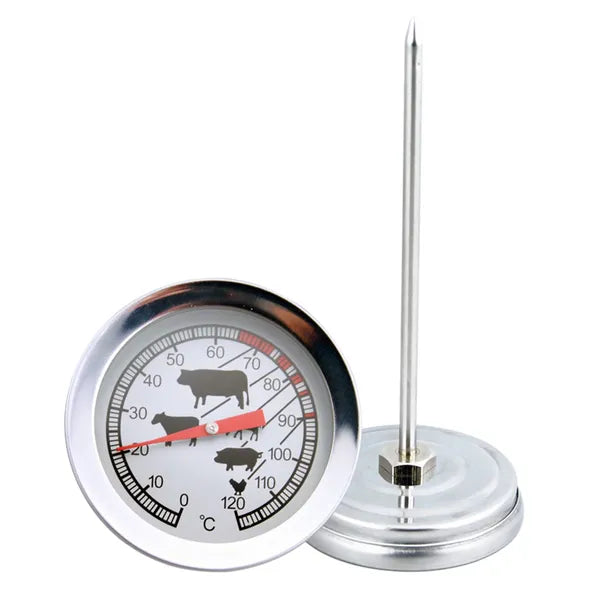 Rozsdamentes acél analóg grill-/füstölő hőmérő klipsszel, 0–250 °C