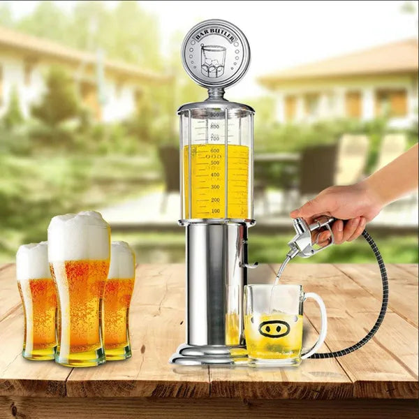 Benzinkút formájú italadagoló, pumpás pisztollyal, 950 ml, króm