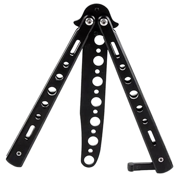 Összecsukható fekete balisong tréningkés, tompa rozsdamentes pengével, 22,5 cm