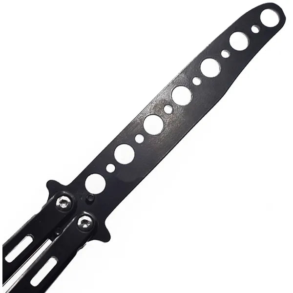 Összecsukható fekete balisong tréningkés, tompa rozsdamentes pengével, 22,5 cm
