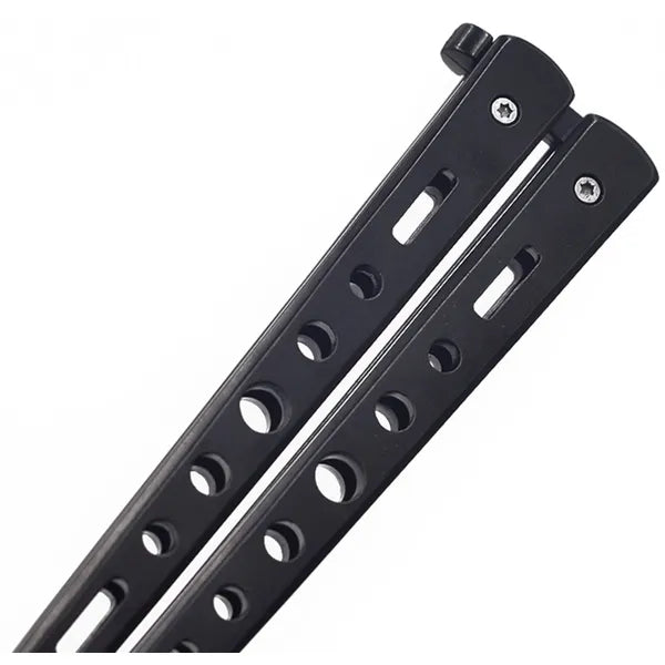 Összecsukható fekete balisong tréningkés, tompa rozsdamentes pengével, 22,5 cm