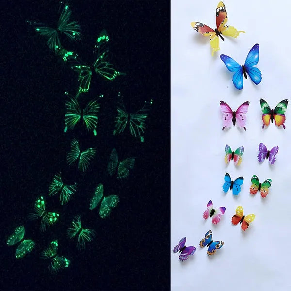 Fluoreszkáló 3D falmatrica pillangók, 12 db-os szett, vegyes színek