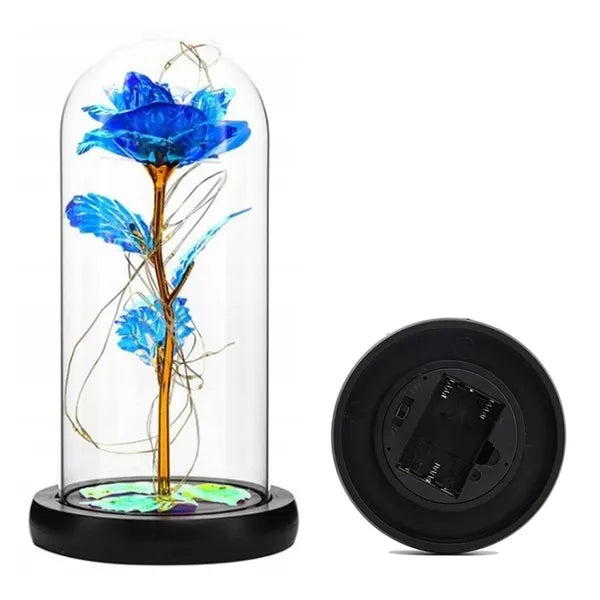 Örök kék rózsa üveg búrában RGB LED világítással, 19 cm