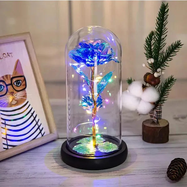 Örök kék rózsa üveg búrában RGB LED világítással, 19 cm
