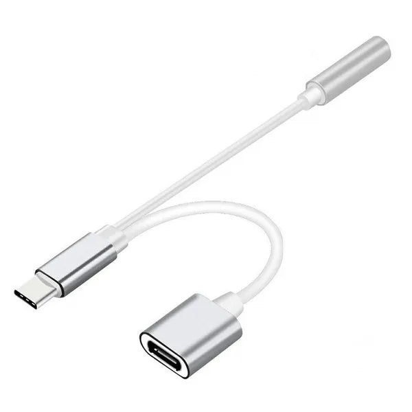 USB-C 2 az 1-ben audio töltő adapter, 3,5 mm jack + USB-C, 13 cm, ezüst