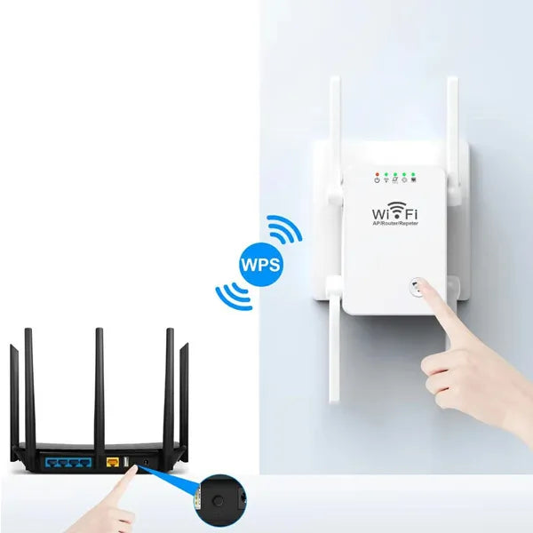Wi-Fi jelismétlő, 2,4 GHz, 300 Mb/s, 4 állítható antenna, RJ45, WPS