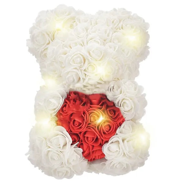 Fehér rózsás maci piros szívvel, LED fényekkel, 25 cm