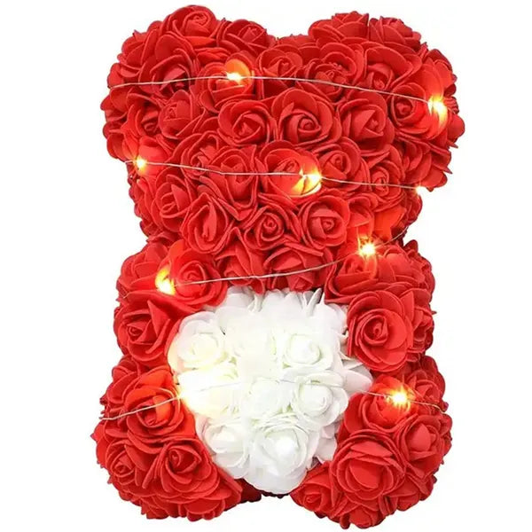Piros rózsás maci fehér szívvel, LED fényekkel, 23 cm