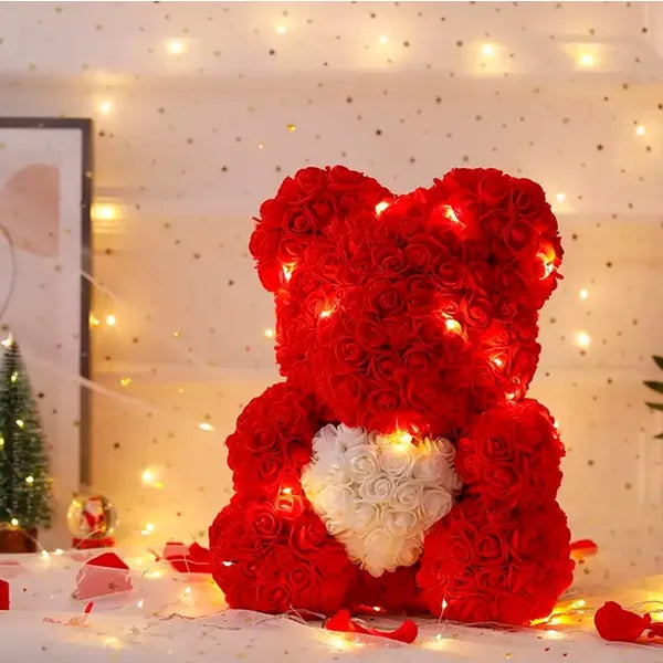 Piros rózsás maci fehér szívvel, LED fényekkel, 23 cm