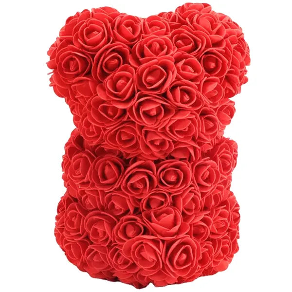 Piros rózsás maci fehér szívvel, LED fényekkel, 23 cm