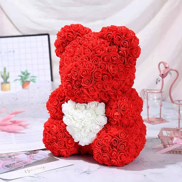 Piros rózsás maci fehér szívvel, LED fényekkel, 23 cm