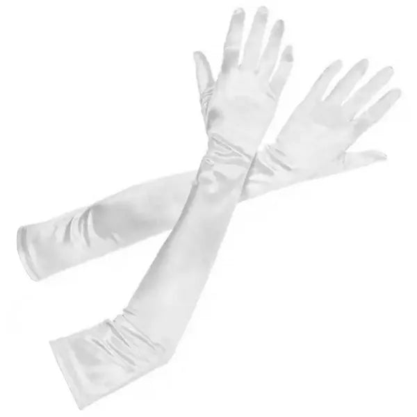 Fehér szatén retro hosszú kesztyű, könyök fölé érő, 52 cm